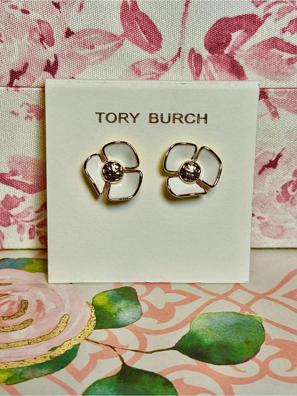 Tory Burch White Enamel & Gold Flower Stud Earrings